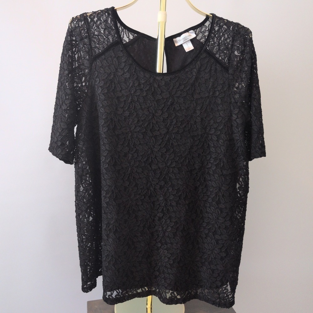 Motherhood Maternity Lace Blouse Women L Black Short Sleeve Floral Keyhole Top